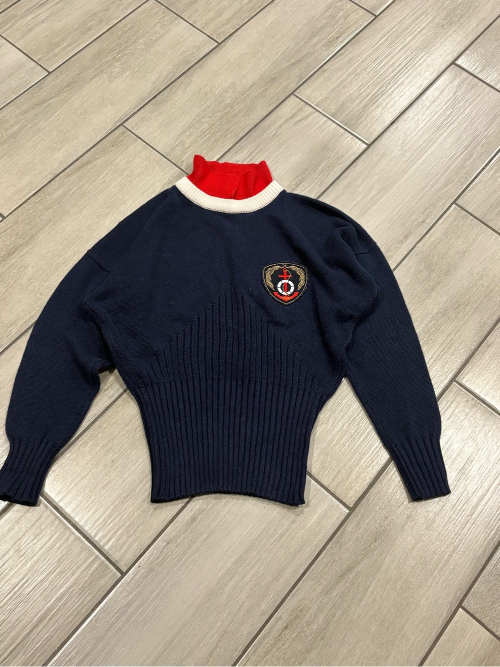 Women’s fia italia sweater Navy Ribbed Waist Sweater with Red Mock Neck VINTAGE